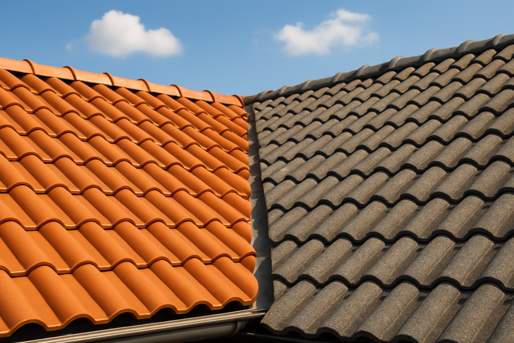 Tuiles terre cuite vs béton: Comparatif visuel d’une toiture en tuiles terre cuite et tuiles béton sur une maison sous ciel bleu