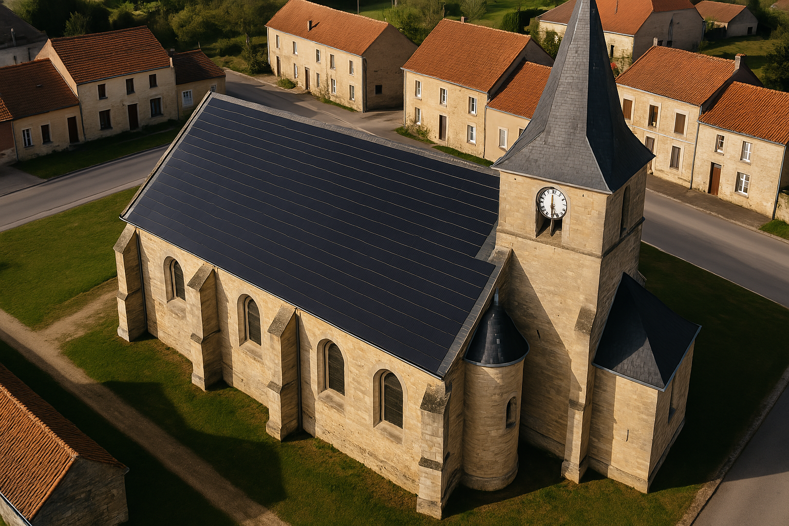 Vue aérienne d’une église avec toiture en tuiles solaires dans les Hauts-de-France Église ancienne équipée de tuiles solaires noires intégrées à la toiture, dans un village des Hauts-de-France, vue aérienne
