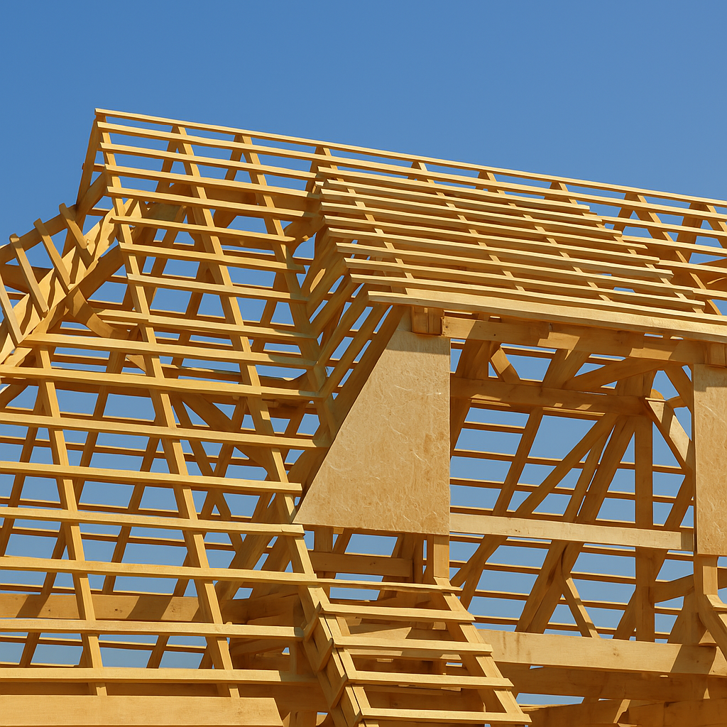 Vue d’ensemble de plusieurs types de charpente bois sur une toiture en construction Charpente en bois complexe illustrant différents types de charpente sur un chantier de maison individuelle