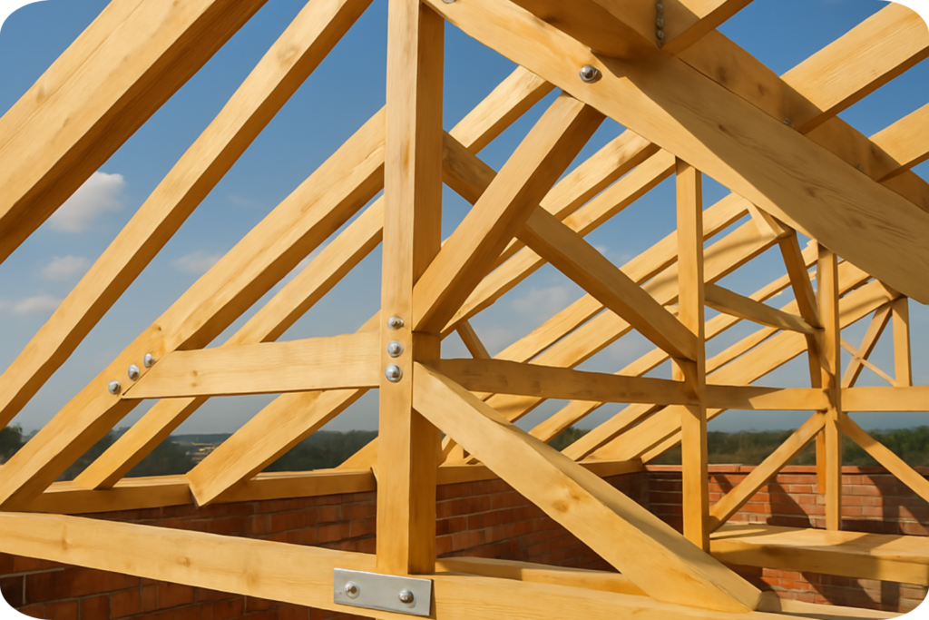Charpente en bois massif en cours d’assemblage sur une maison en construction