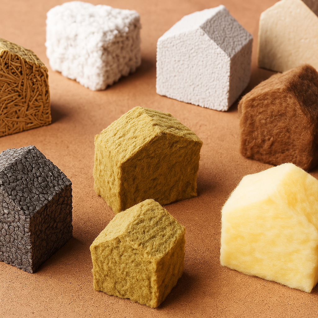Exemples d’isolants biosourcés pour toiture écologique Isolants biosourcés en formes de petites maisons : chanvre, ouate de cellulose, fibre de bois